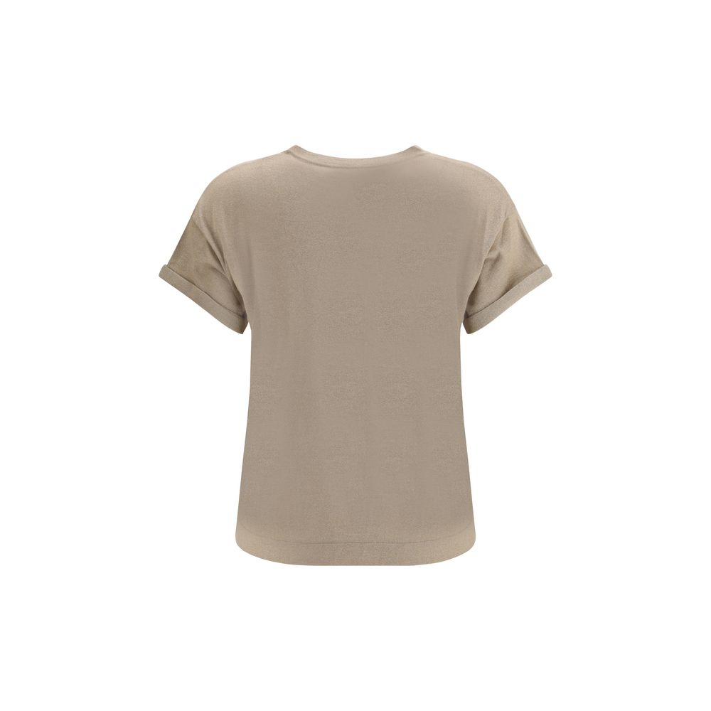 Back view of Brunello Cucinelli cashmere glitter T-shirt in beige, showcasing its soft texture and elegant minimalist design.