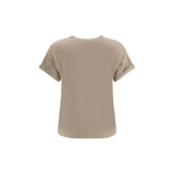Back view of Brunello Cucinelli cashmere glitter T-shirt in beige, showcasing its soft texture and elegant minimalist design.