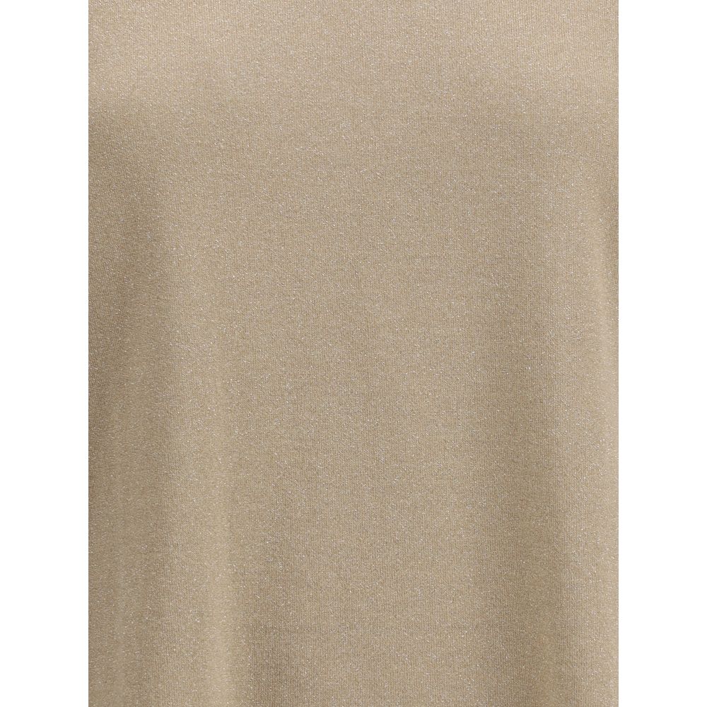 Close-up of Brunello Cucinelli cashmere glitter T-shirt fabric highlighting the subtle glitter finish on premium beige cashmere material.