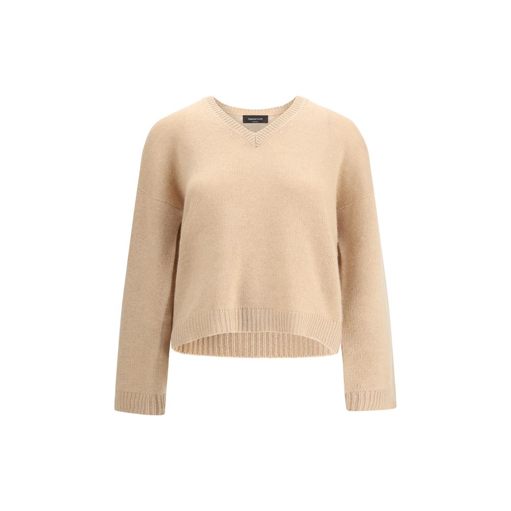 Fabiana Filippi Cashmere Sweater in beige with V-neck and ribbed hem, ideal for women's luxury fall and winter wardrobe.