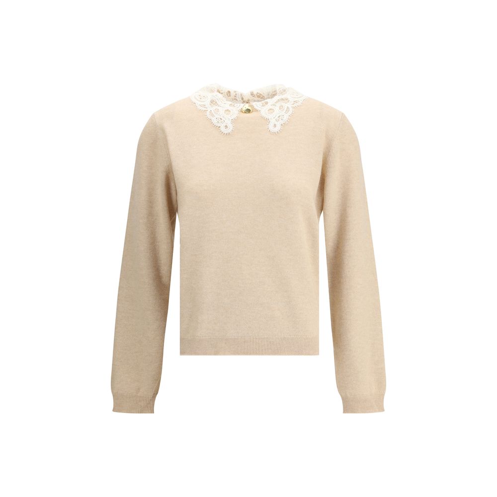 Fabiana Filippi Lace collar Sweater in beige with long sleeves and delicate white lace collar, ideal for elegant women's fall fashion.