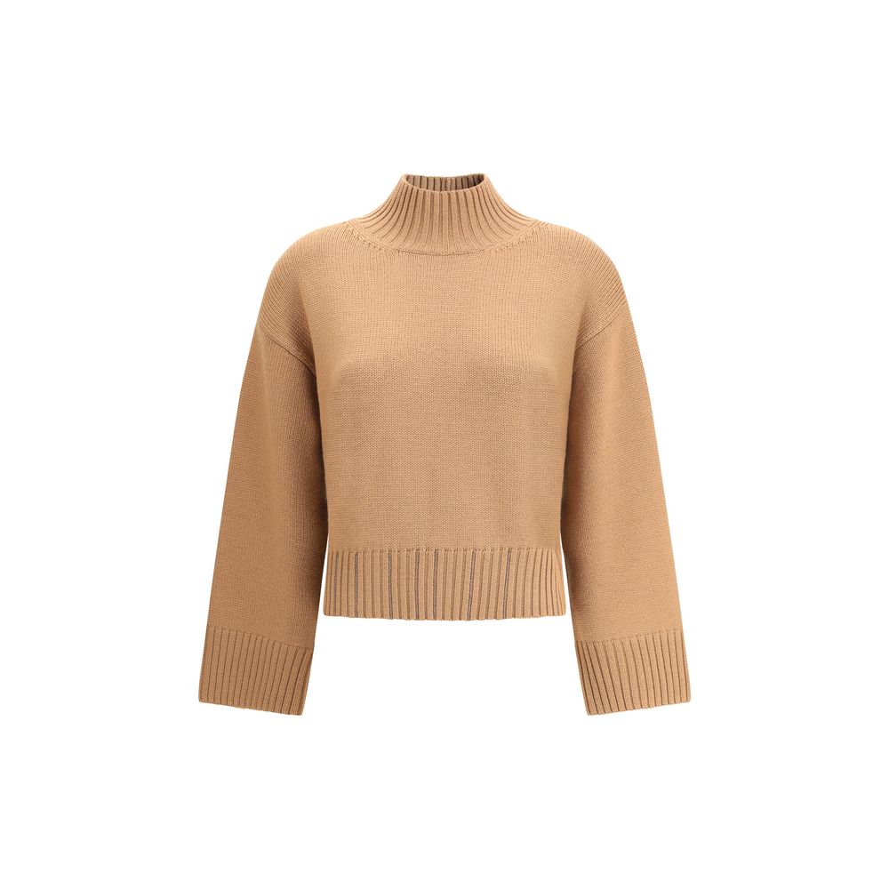 Fabiana Filippi wool turtleneck sweater in beige with ribbed hem and cuffs, featuring a relaxed fit and cropped silhouette for women.