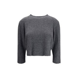 Front view of Loulou De Saison Cashmere Crop Sweater in gray, featuring ribbed hem and cuffs. Ideal for women's fall and winter fashion.