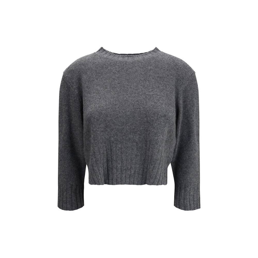 Front view of Loulou De Saison Cashmere Crop Sweater in gray, featuring ribbed hem and cuffs. Ideal for women's fall and winter fashion.