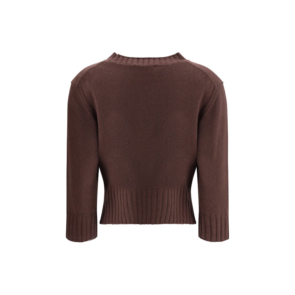 Back view of Loulou De Saison Cashmere Crop Sweater in brown, showcasing ribbed detailing and cropped silhouette in luxury women’s knitwear.
