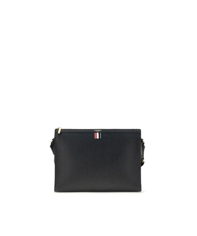 Thom Browne Shoulder strap Pouch in black leather with gold-tone zipper and signature tricolor tab, ideal for men's luxury clutch bag collection.