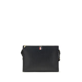 Thom Browne Shoulder strap Pouch in black leather with gold-tone zipper and signature tricolor tab, ideal for men's luxury clutch bag collection.