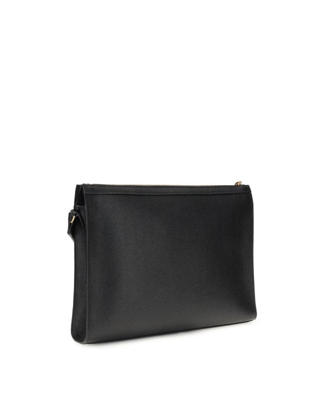 Rear view of Thom Browne Shoulder strap Pouch showcasing minimalist black leather design, suitable for modern men's clutch bag needs.