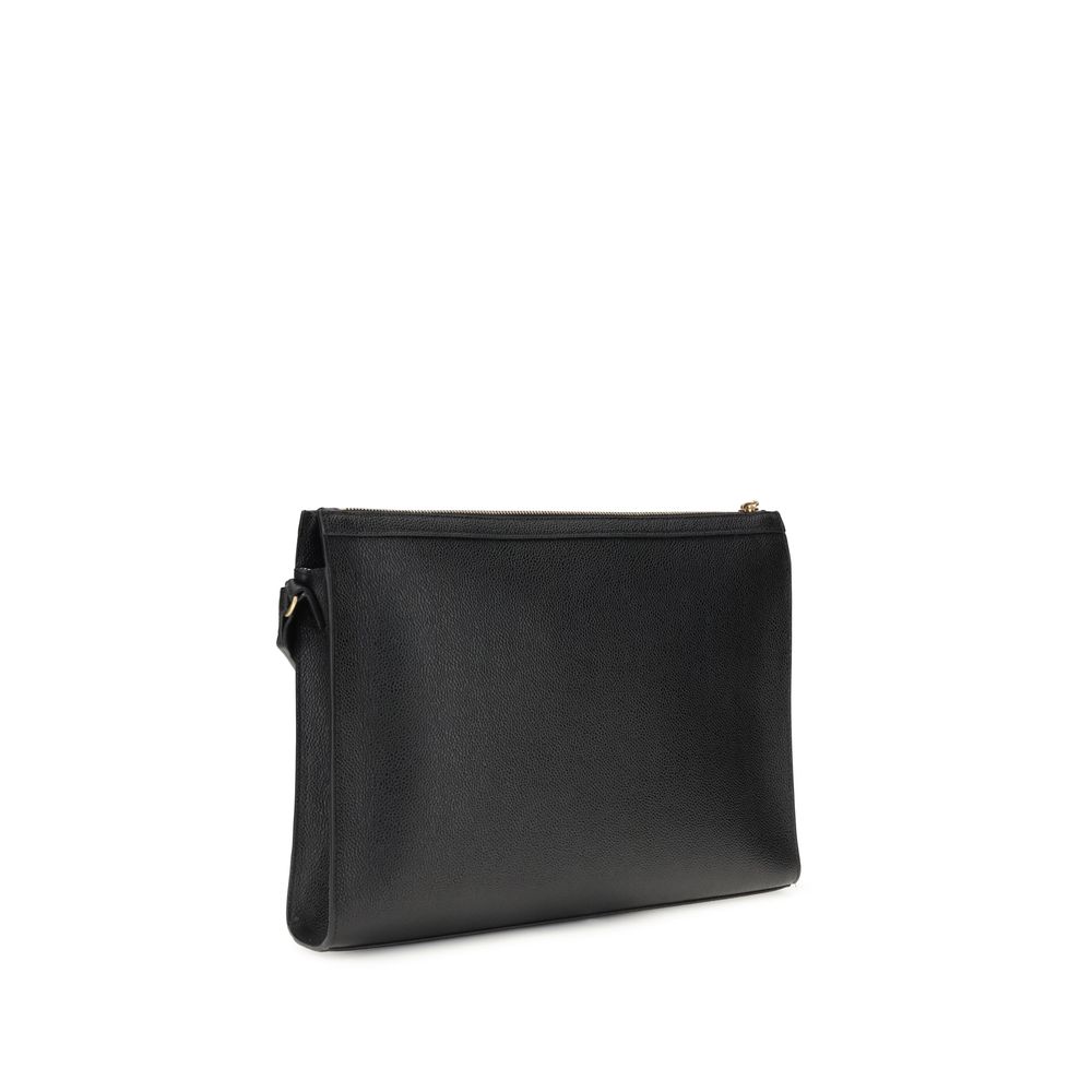 Rear view of Thom Browne Shoulder strap Pouch showcasing minimalist black leather design, suitable for modern men's clutch bag needs.