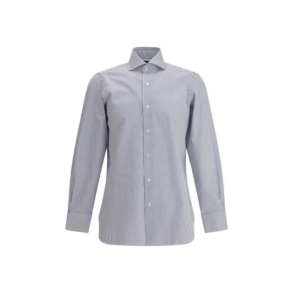 Finamore Napoli Shirt in blue with vertical stripes, long sleeves, and classic collar, ideal for men's formal or business attire.