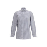 Finamore Napoli Shirt in blue with vertical stripes, long sleeves, and classic collar, ideal for men's formal or business attire.