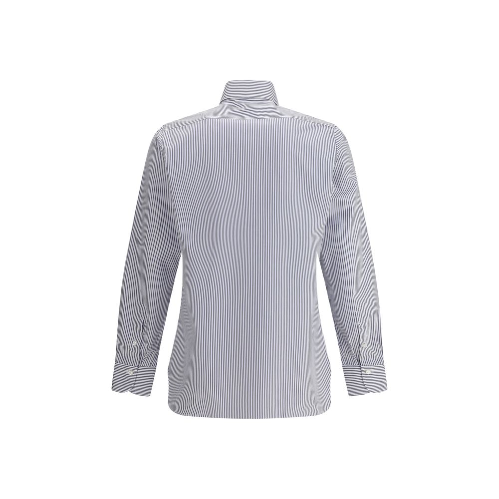 Back view of Finamore Napoli Shirt showcasing blue vertical stripe pattern and tailored fit, perfect for stylish men's wardrobe.