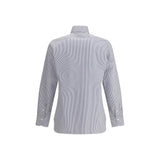 Back view of Finamore Napoli Shirt showcasing blue vertical stripe pattern and tailored fit, perfect for stylish men's wardrobe.
