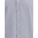 Close-up of Finamore Napoli Shirt buttons and fine blue stripe detailing, highlighting premium craftsmanship and elegant design.