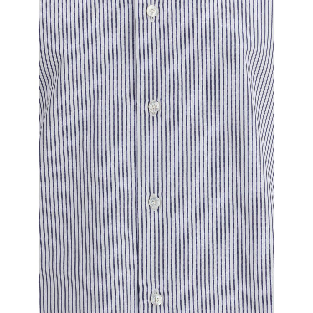 Close-up of Finamore Napoli Shirt buttons and fine blue stripe detailing, highlighting premium craftsmanship and elegant design.