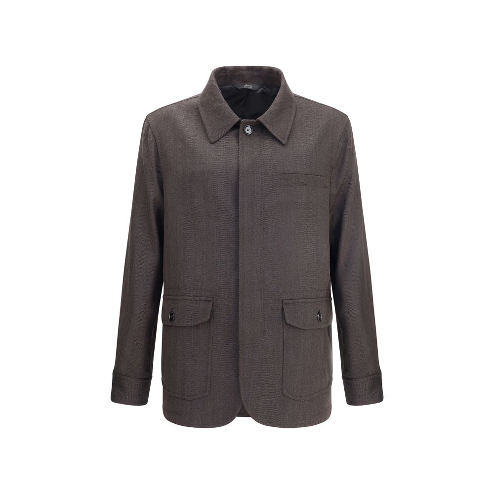 Brioni Herringbone Jacket in brown with front button closure, chest pocket, and flap pockets, ideal for men's luxury outerwear.