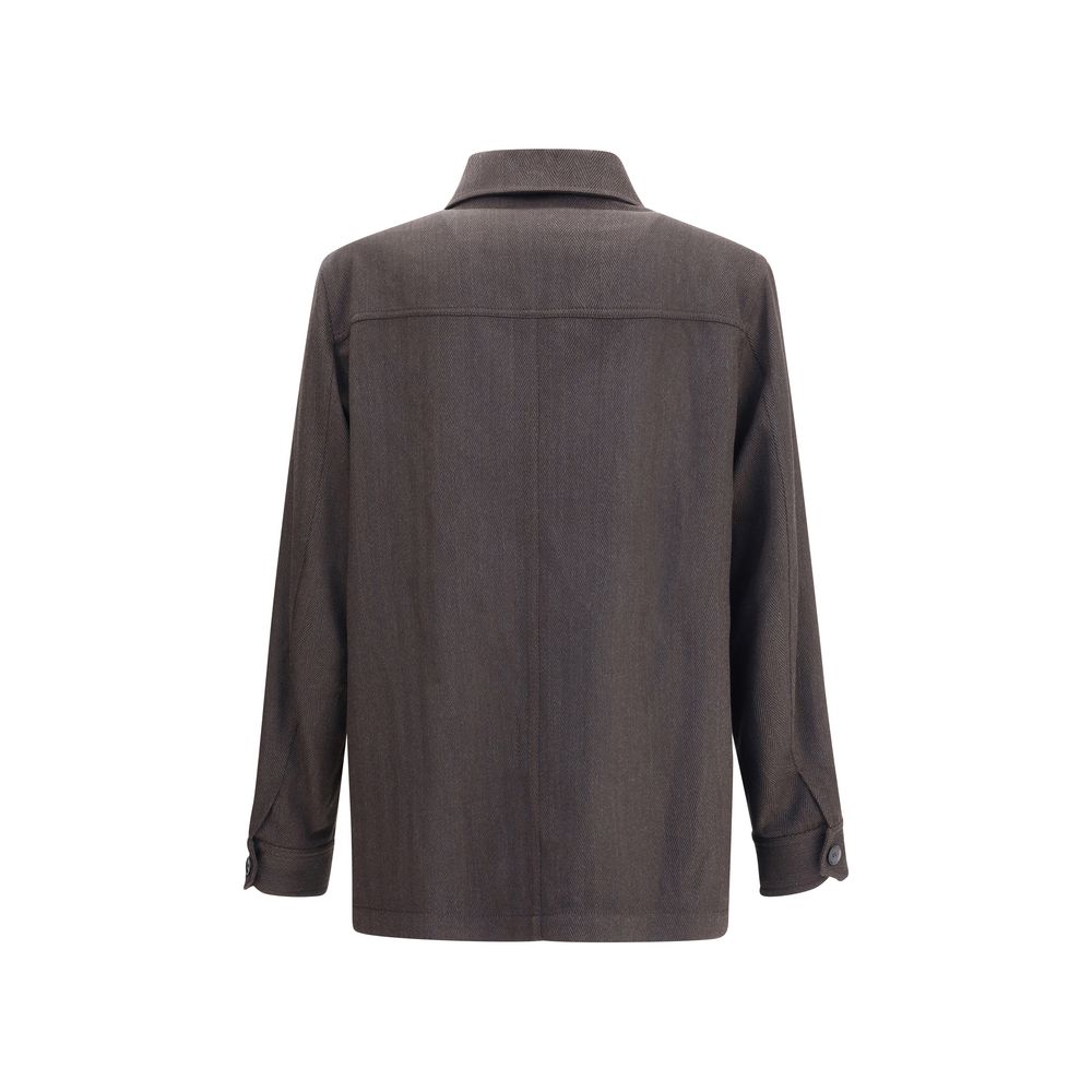 Back view of Brioni Herringbone Jacket in brown, showcasing clean tailoring and premium fabric for men's upscale fashion.