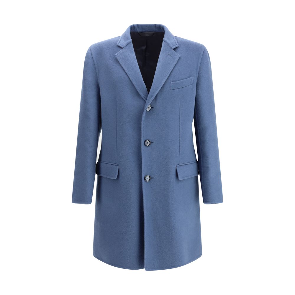 Brioni Chesterfield Coat in light blue for men, featuring a tailored fit with notch lapels and flap pockets. Ideal for luxury outerwear collections.