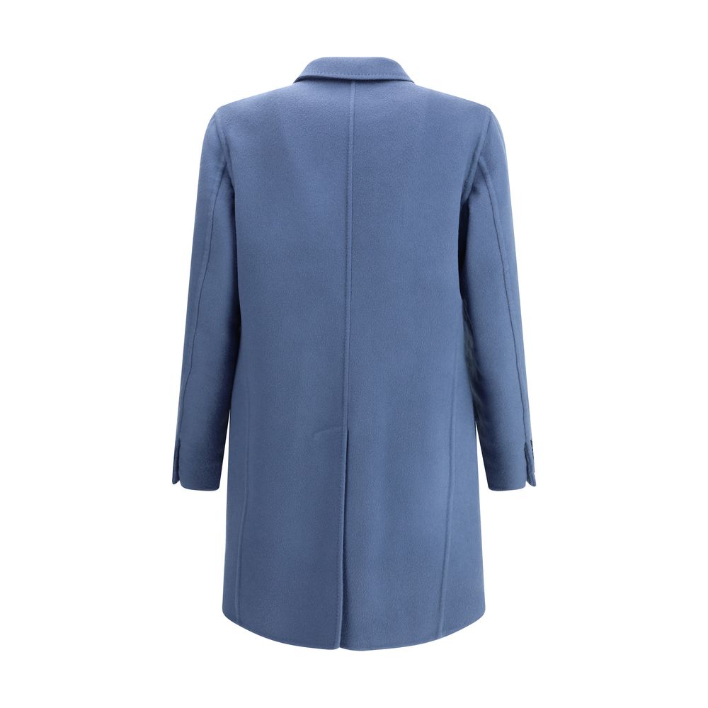 Back view of Brioni Chesterfield Coat in light blue, showcasing clean lines and a center vent. A refined choice in men's designer coats.