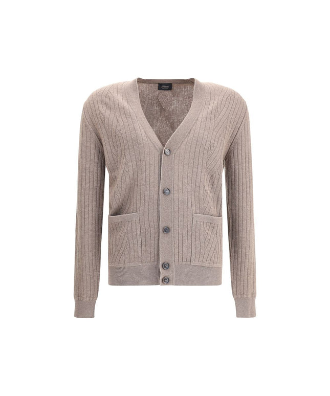 Brioni Wool cardigan in brown with ribbed knit texture, front button closure, and two front pockets. Ideal for men's luxury fall fashion.