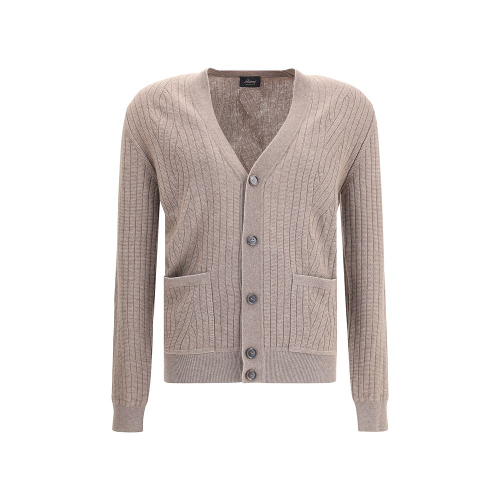 Brioni Wool cardigan in brown with ribbed knit texture, front button closure, and two front pockets. Ideal for men's luxury fall fashion.