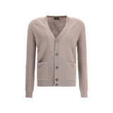 Brioni Wool cardigan in brown with ribbed knit texture, front button closure, and two front pockets. Ideal for men's luxury fall fashion.