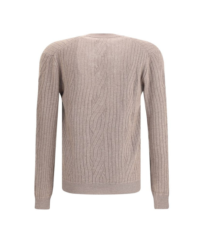 Back view of Brioni Wool cardigan showcasing ribbed detailing and fine craftsmanship in a neutral brown tone for men's premium wardrobe.