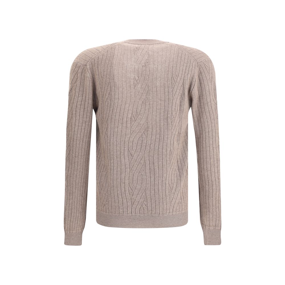 Back view of Brioni Wool cardigan showcasing ribbed detailing and fine craftsmanship in a neutral brown tone for men's premium wardrobe.