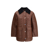 Ganni Shiny Quilt Midi Jacket in brown with front snap buttons, oversized fit, and black contrast collar. Ideal for women's outerwear in fall fashion.