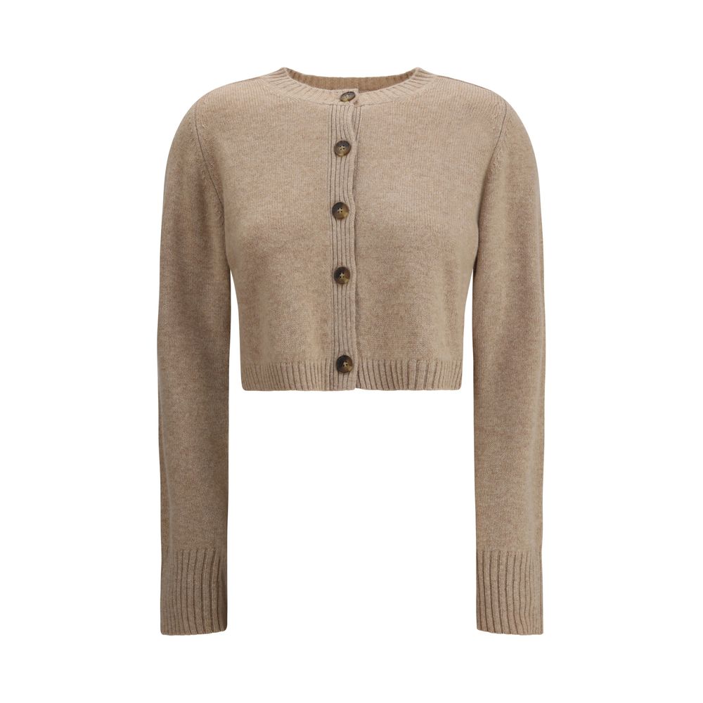 Loulou De Saison Cashmere crop Cardigan in beige with front button closure, long sleeves, and ribbed cuffs, ideal for women's fall fashion.