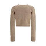 Back view of Loulou De Saison Cashmere crop Cardigan in beige, showcasing cropped hem and soft knit texture for stylish layering.