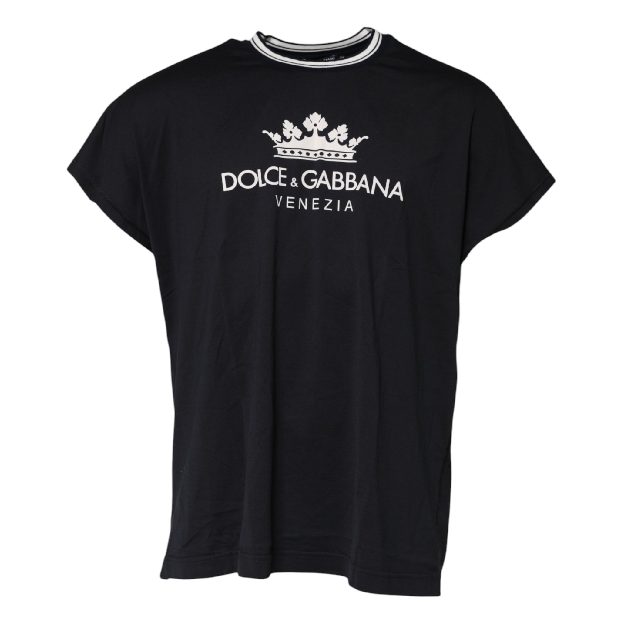 Dolce & Gabbana Dark Blue Venezia Crown Cotton Crew Neck T-shirt
