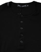 Dolce & Gabbana Black Cotton Knit Crew Neck Henley T-shirt