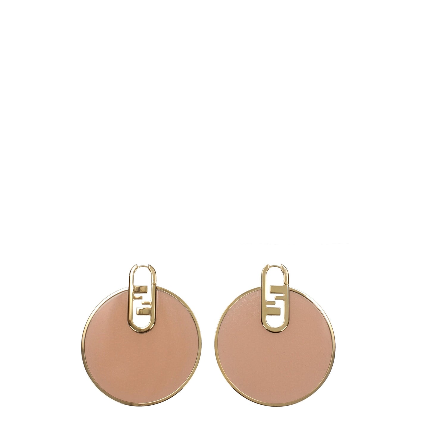 Fendi Pink Plexiglass Earrings featuring round blush-toned discs with gold-tone FF logo hardware. Elegant women's accessory for modern styling.