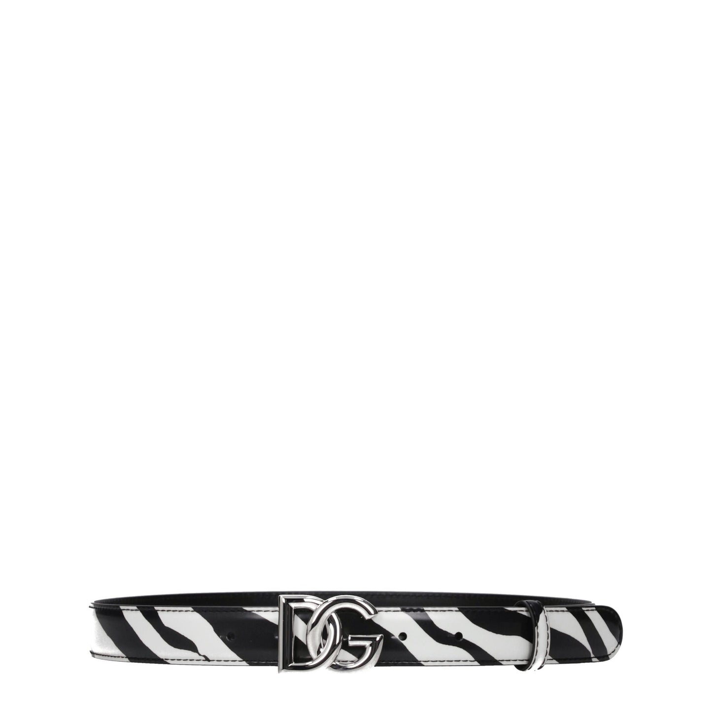 Dolce & Gabbana black leather belt with zebra print and silver DG logo buckle, 80 cm size, women's fashion accessory new with tags.