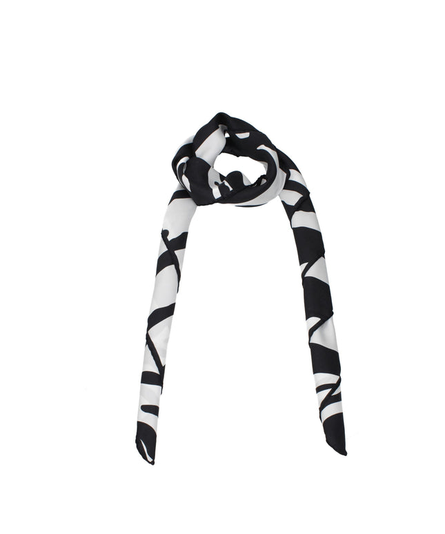 Dolce & Gabbana black silk foulard with abstract white pattern, tied in a loop. Elegant women's accessory ideal for formal or casual wear.