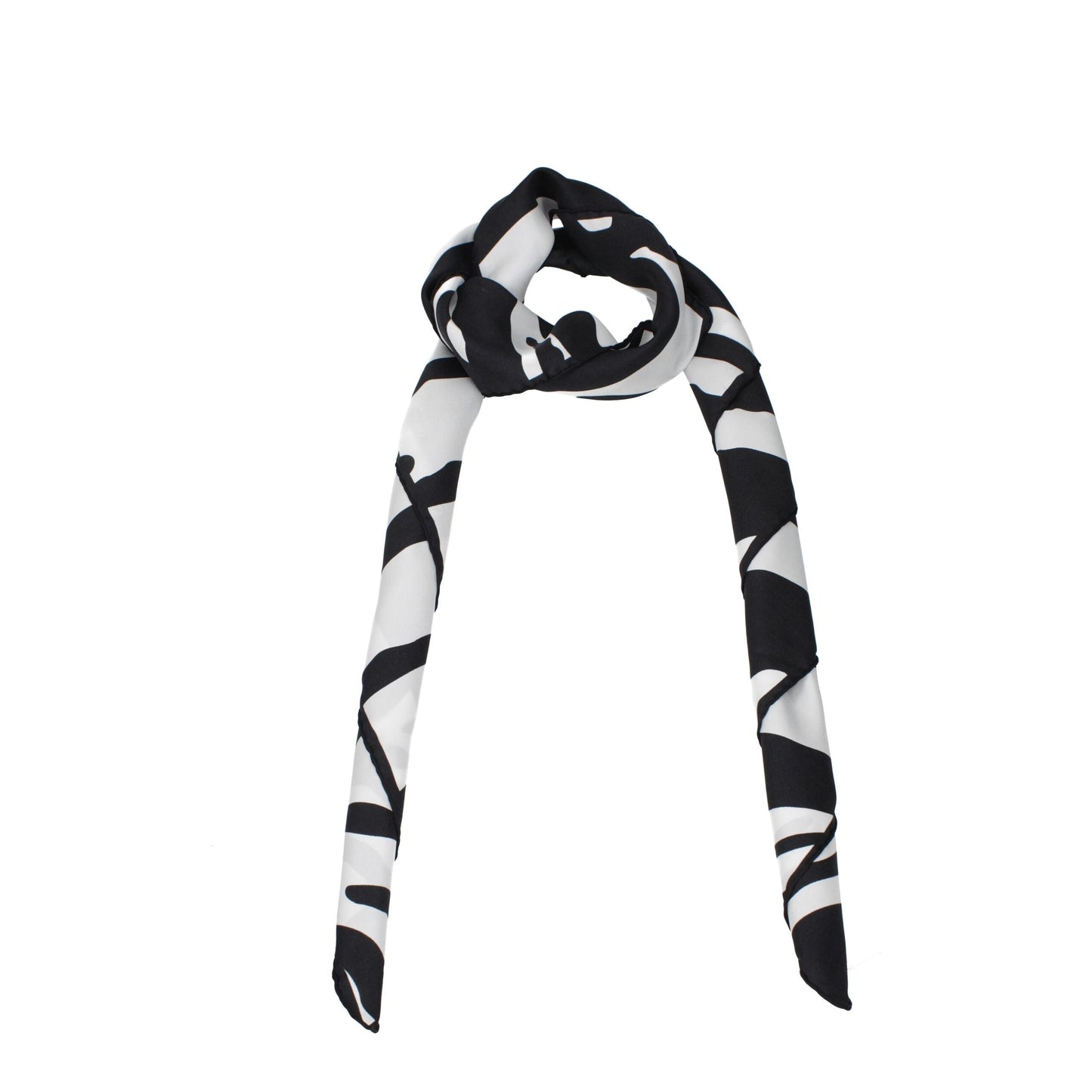 Dolce & Gabbana black silk foulard with abstract white pattern, tied in a loop. Elegant women's accessory ideal for formal or casual wear.