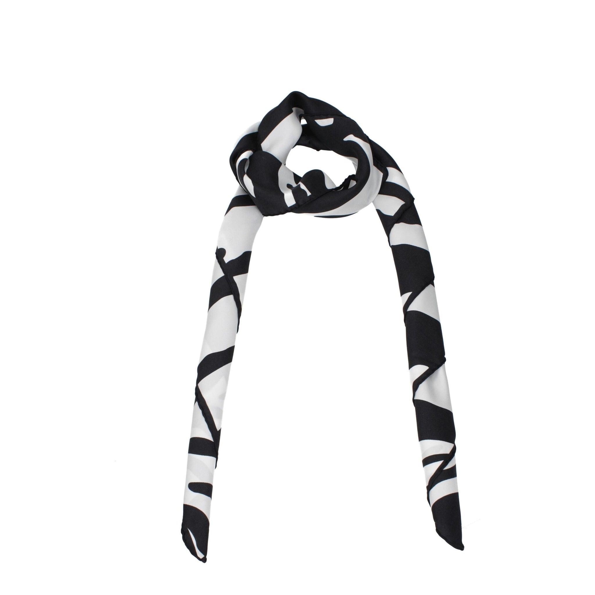 Dolce & Gabbana black silk foulard with abstract white pattern, tied in a loop. Elegant women's accessory ideal for formal or casual wear.