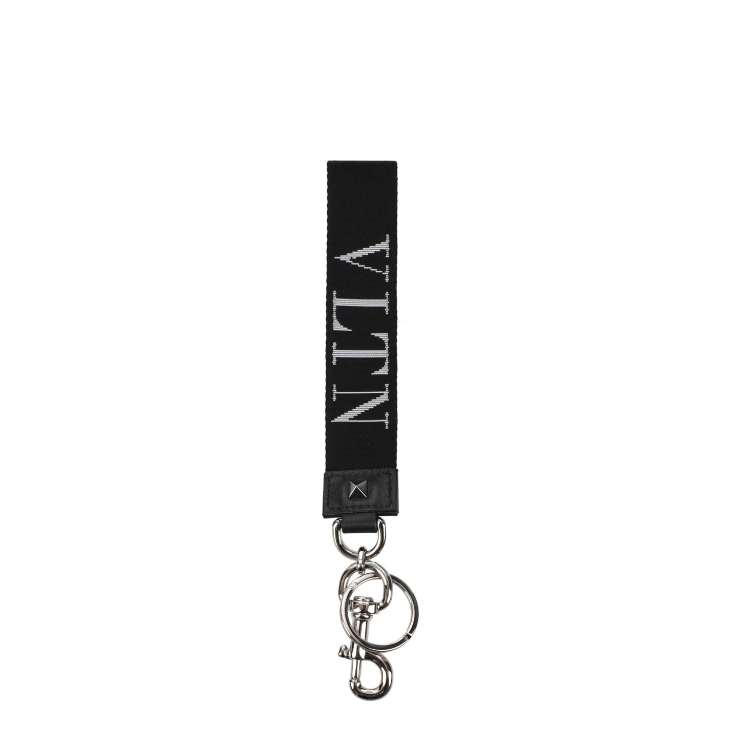 Valentino Garavani black fabric keychain with white VLTN logo, silver-tone hardware, and keyring clip. Stylish men's accessory for bags or keys.