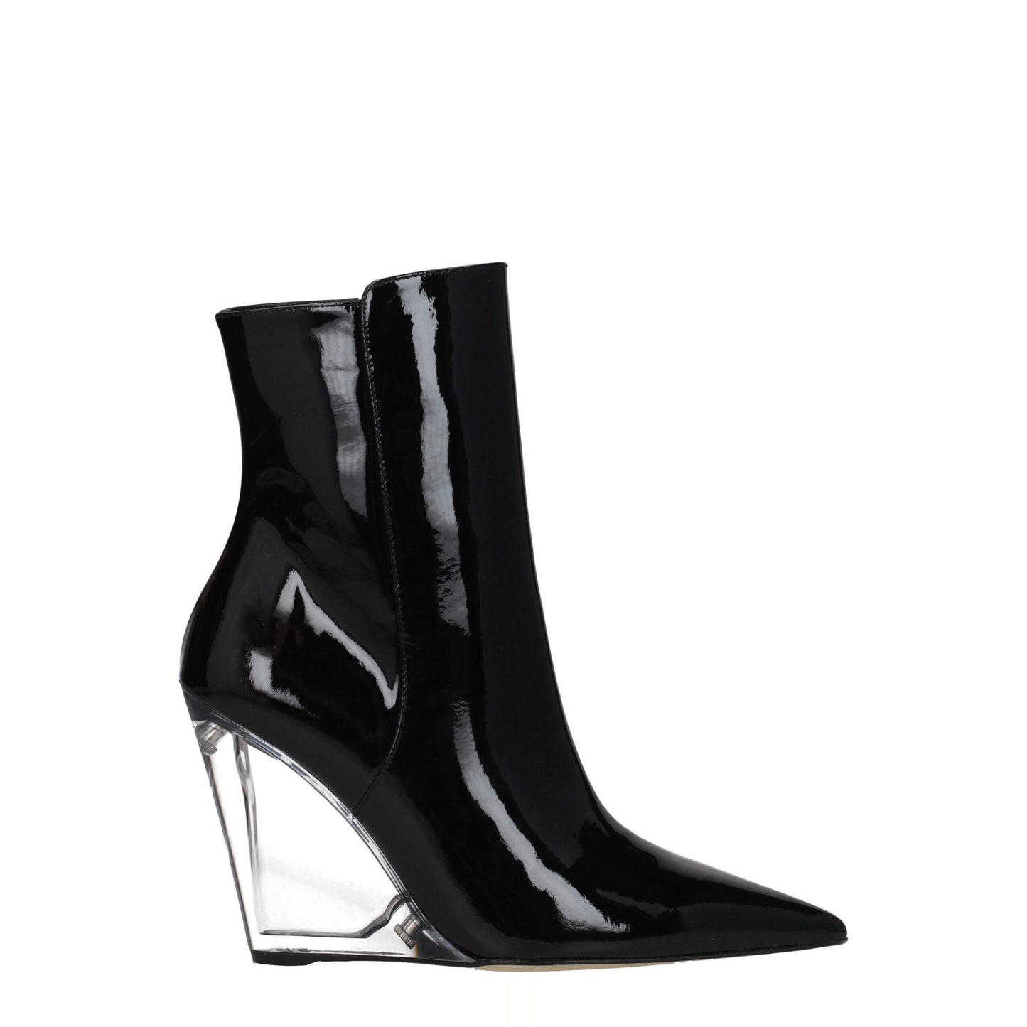 Stuart Weitzman Black Leather Ankle Boots with pointed toe and clear wedge heel, ideal for modern women's fashion and luxury footwear collections.