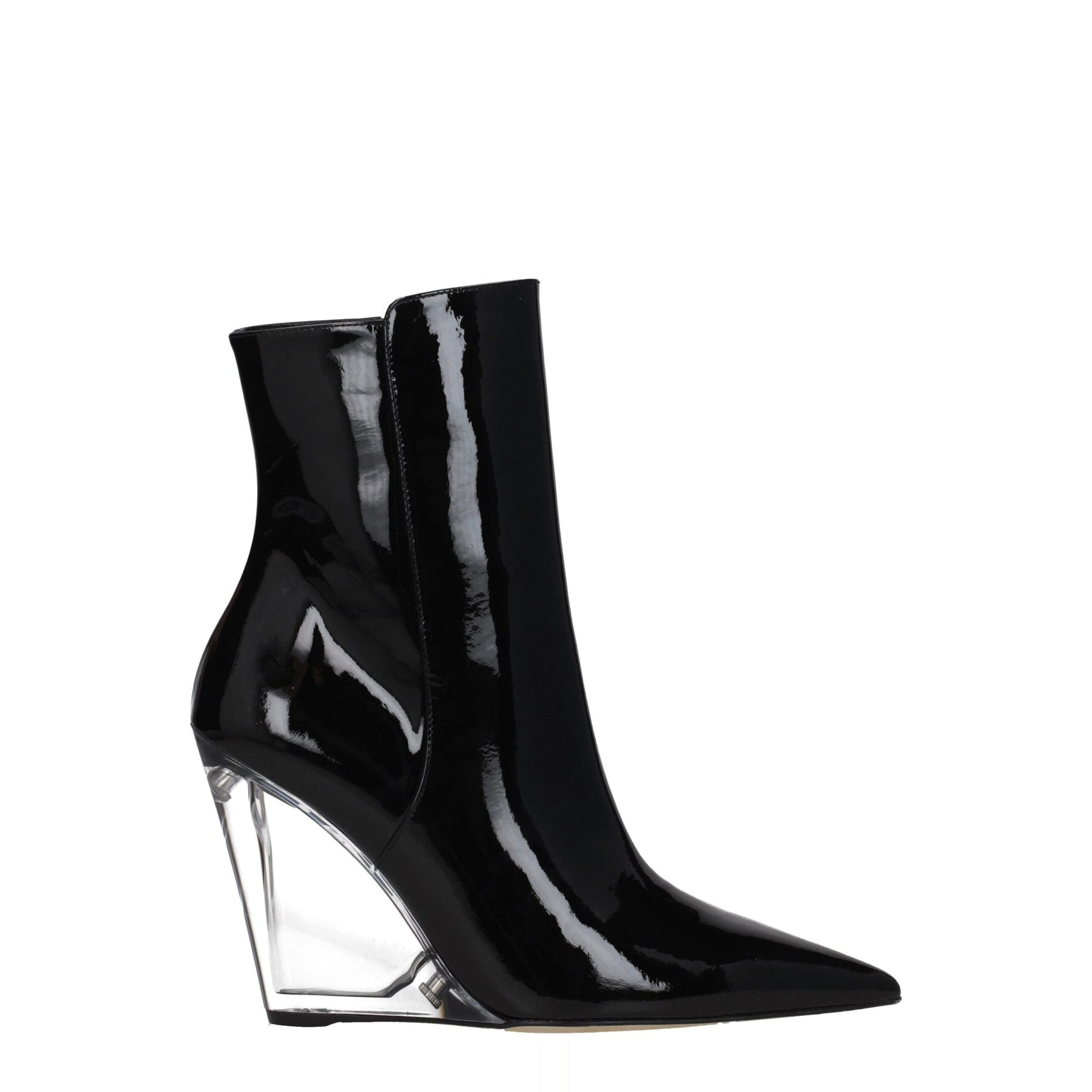 Stuart Weitzman Black Leather Ankle Boots with pointed toe and clear wedge heel, ideal for modern women's fashion and luxury footwear collections.