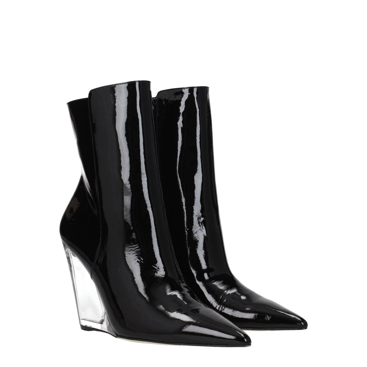 Pair of Stuart Weitzman Black Leather Ankle Boots featuring glossy finish and transparent wedge heels, perfect for stylish women's ankle boot trends.