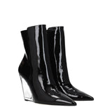 Pair of Stuart Weitzman Black Leather Ankle Boots featuring glossy finish and transparent wedge heels, perfect for stylish women's ankle boot trends.
