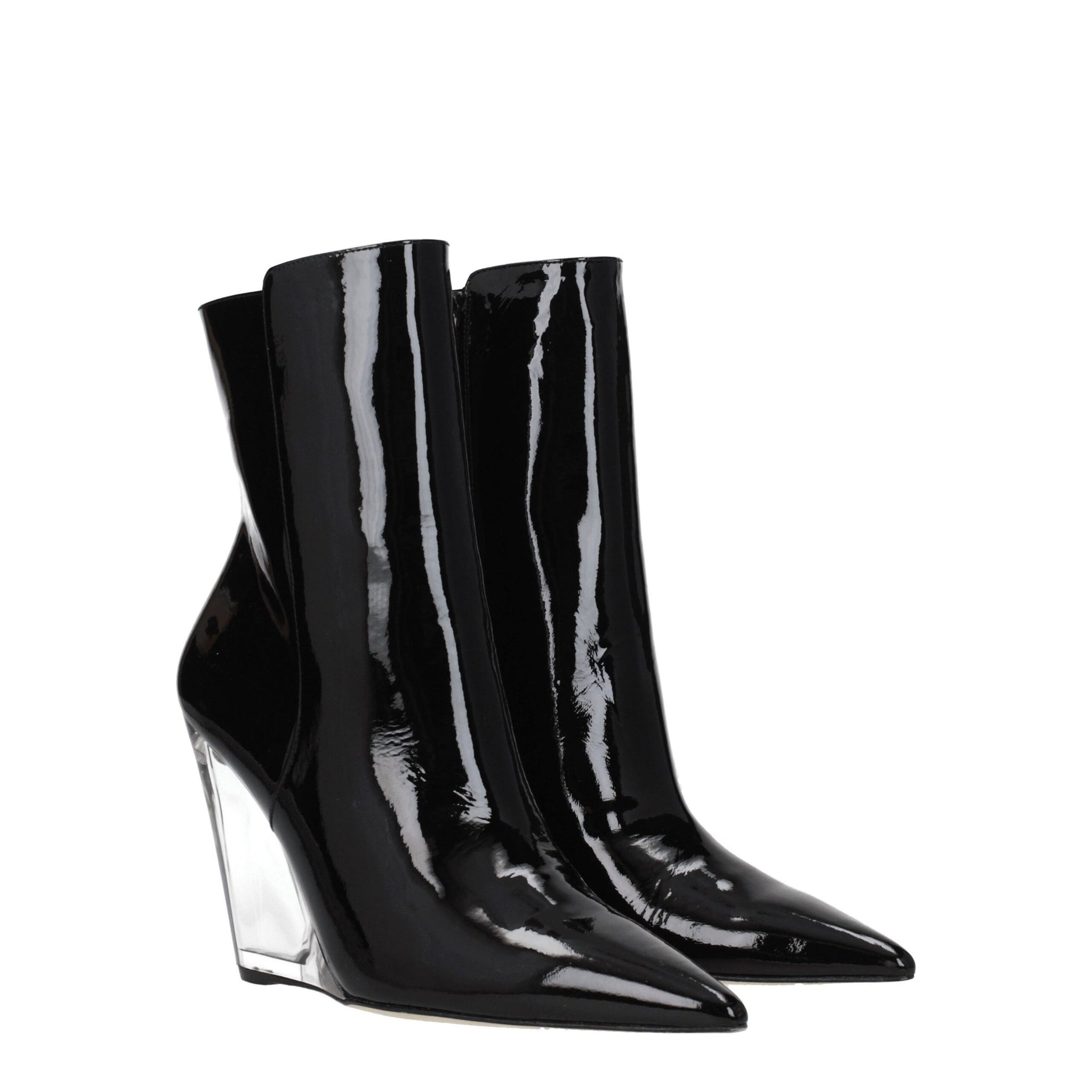 Pair of Stuart Weitzman Black Leather Ankle Boots featuring glossy finish and transparent wedge heels, perfect for stylish women's ankle boot trends.
