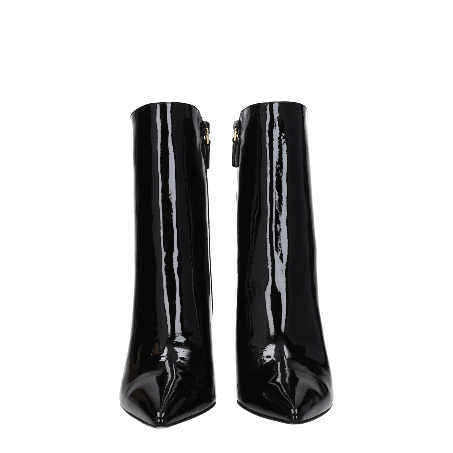 Front view of Stuart Weitzman Black Leather Ankle Boots showcasing sleek patent leather and pointed toe design for elegant women's shoe styling.