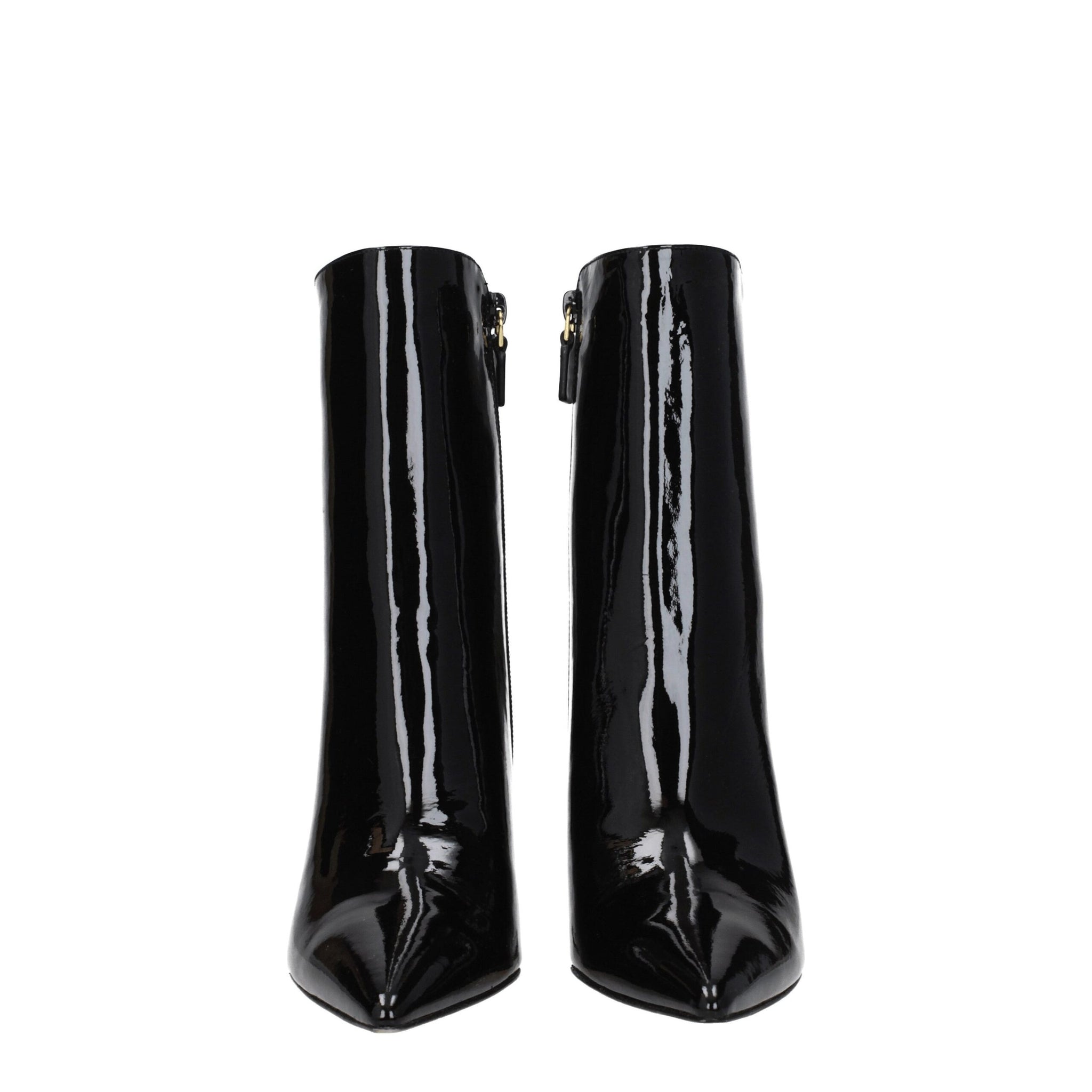 Front view of Stuart Weitzman Black Leather Ankle Boots showcasing sleek patent leather and pointed toe design for elegant women's shoe styling.