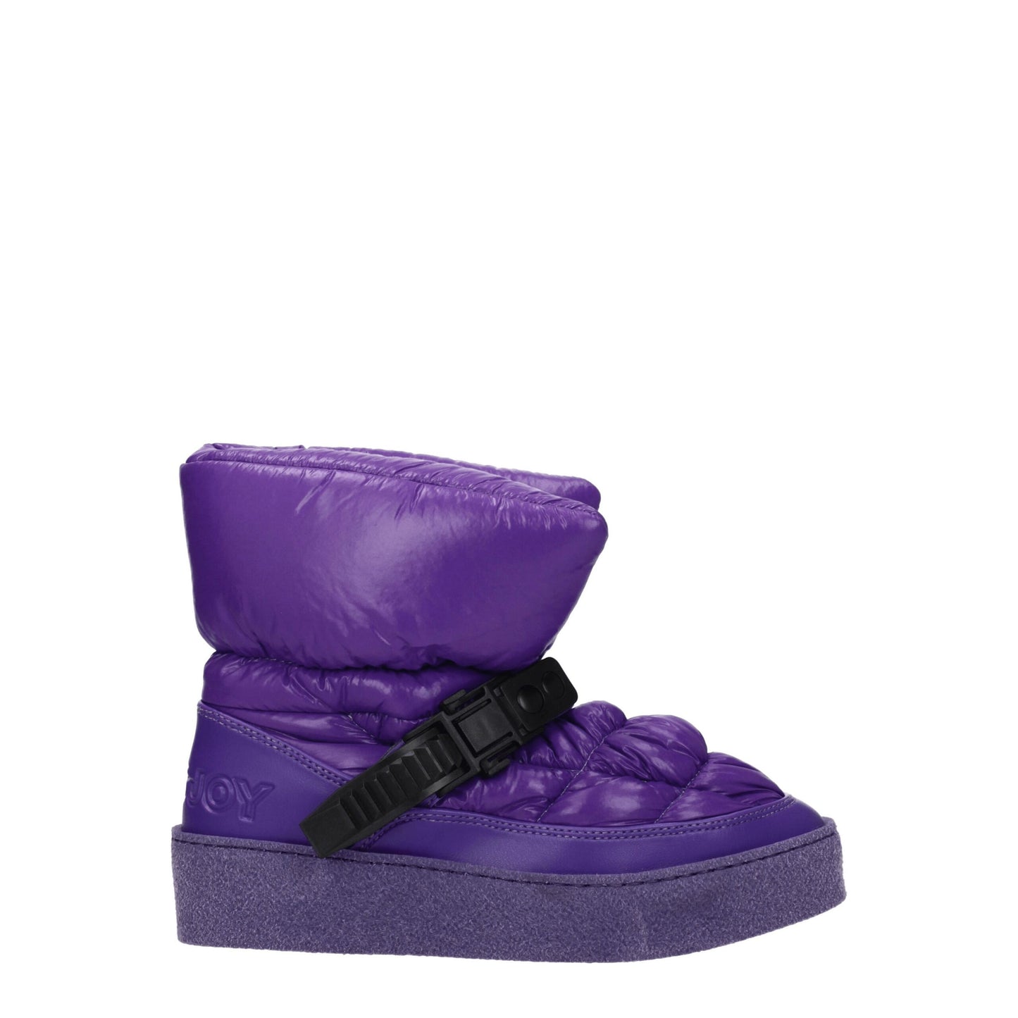 Khrisjoy Purple Polyester Ankle Boots with quilted design and black buckle strap, featuring a thick textured sole for women’s winter fashion.