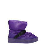 Khrisjoy Purple Polyester Ankle Boots with quilted design and black buckle strap, featuring a thick textured sole for women’s winter fashion.