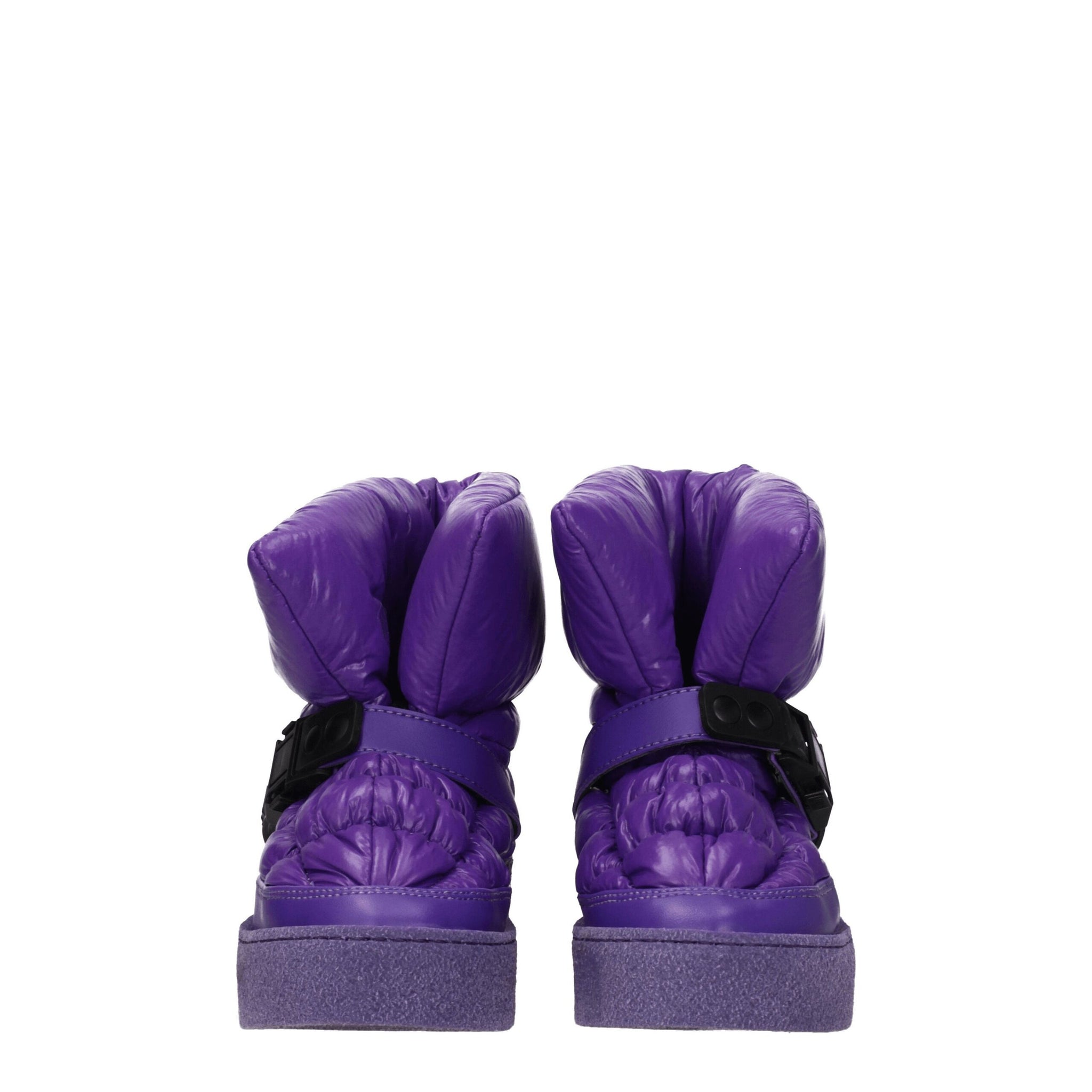 Rear view of Khrisjoy Purple Polyester Ankle Boots highlighting the puffy ankle collar and symmetrical design for cozy winter footwear.