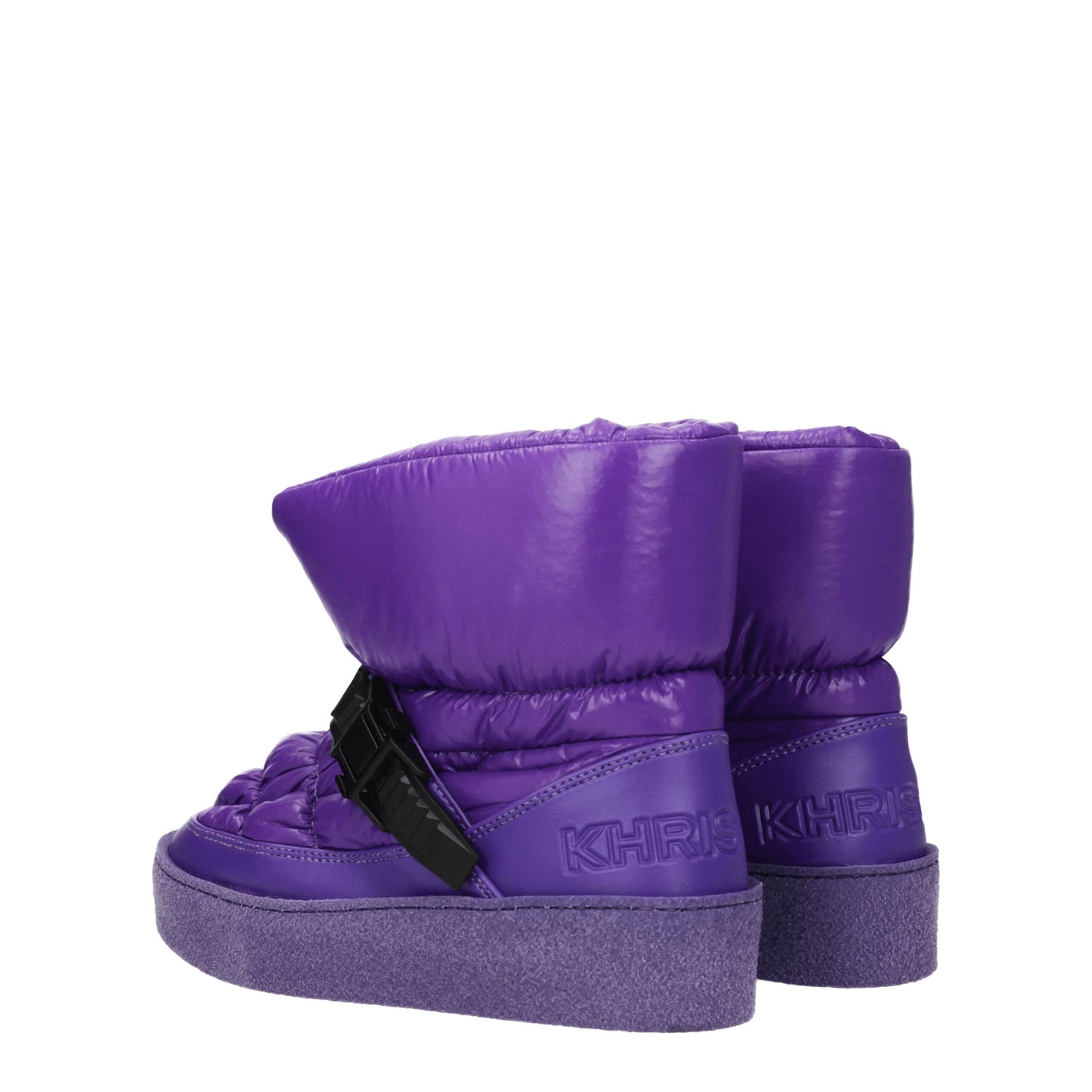 Angled back view of Khrisjoy Purple Polyester Ankle Boots with embossed logo and black buckle, combining fashion and function in women’s boots.